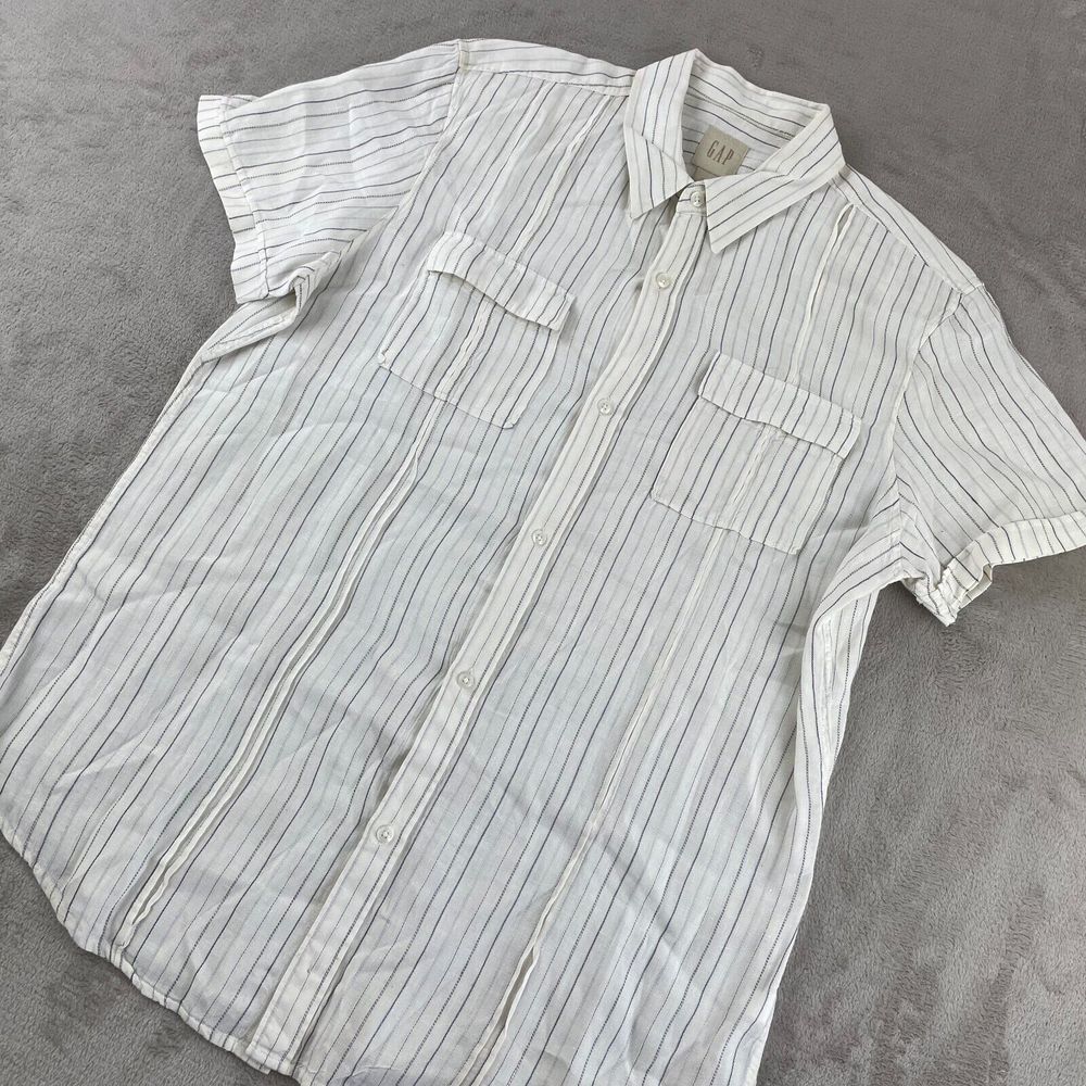 GAP Shirt Men XL White Striped 99% Linen Dual Pockets Short Sleeve Camp Vacation - Picture 12 of 16